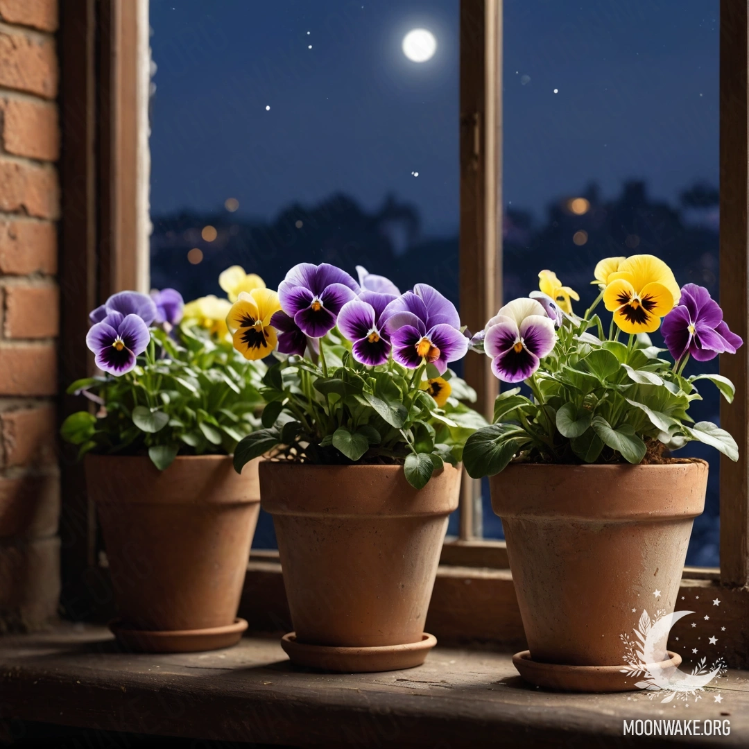 Calm vintage flowerpots with pansies on a shabby windowsill at night.