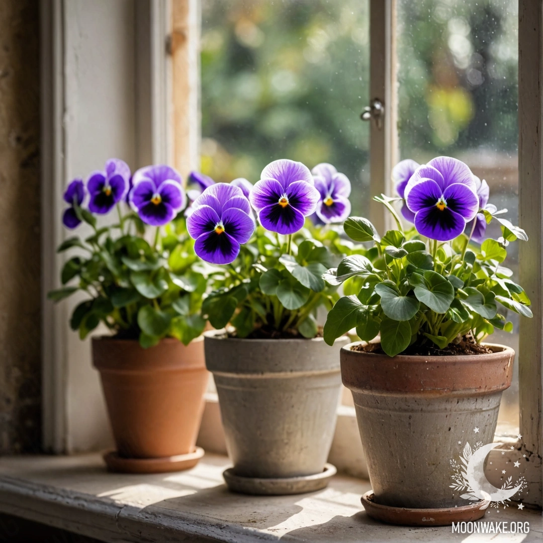 Vintage Flowerpots on a Windowsill Vintage flowerpots filled with pansies on a shabby windowsill.