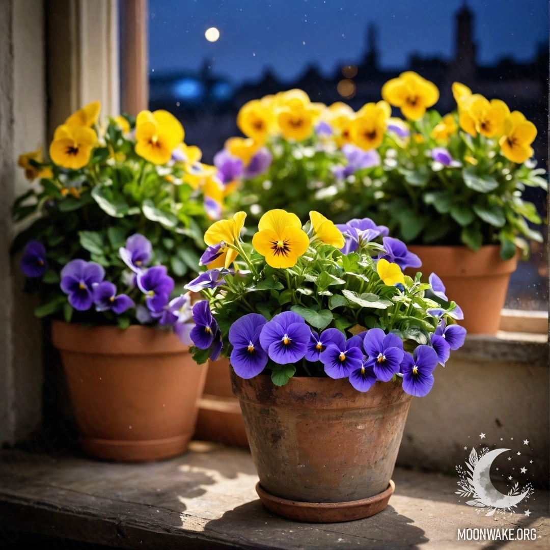A collection of vintage flowerpots with pansies placed on a shabby windowsill at night.