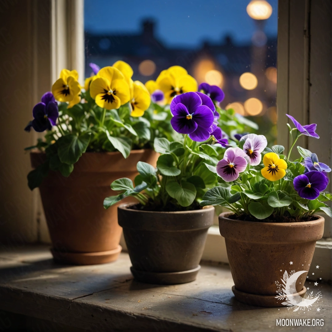 Vintage Flowerpots on a Shabby Windowsill at Night A photograph of vintage flowerpots with pansies on a shabby windowsill at night.