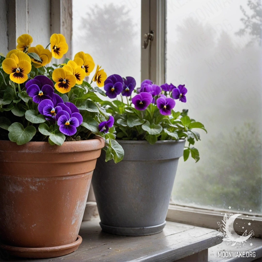 Peaceful vintage flowerpots with pansies on a shabby windowsill in a dense fog.