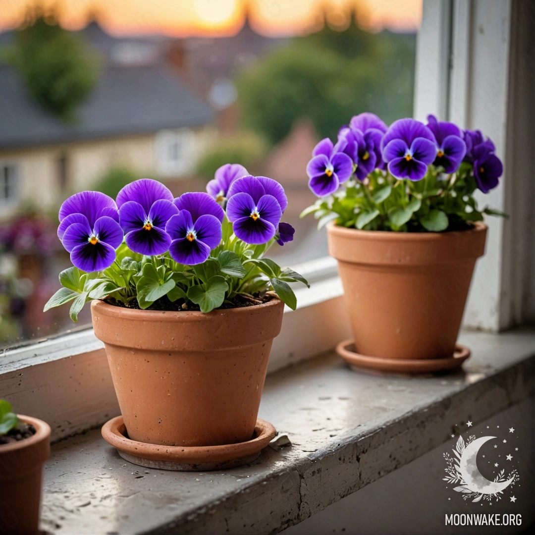 Two vintage flowerpots with pansies on a shabby windowsill during sunset.