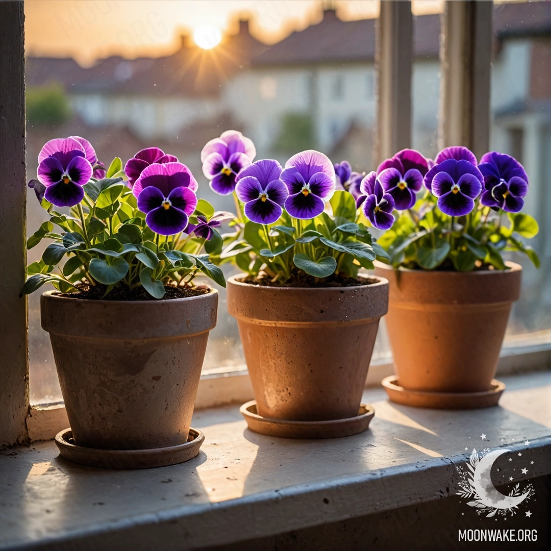 Abstract vintage flowerpots with pansies on a sunlit windowsill