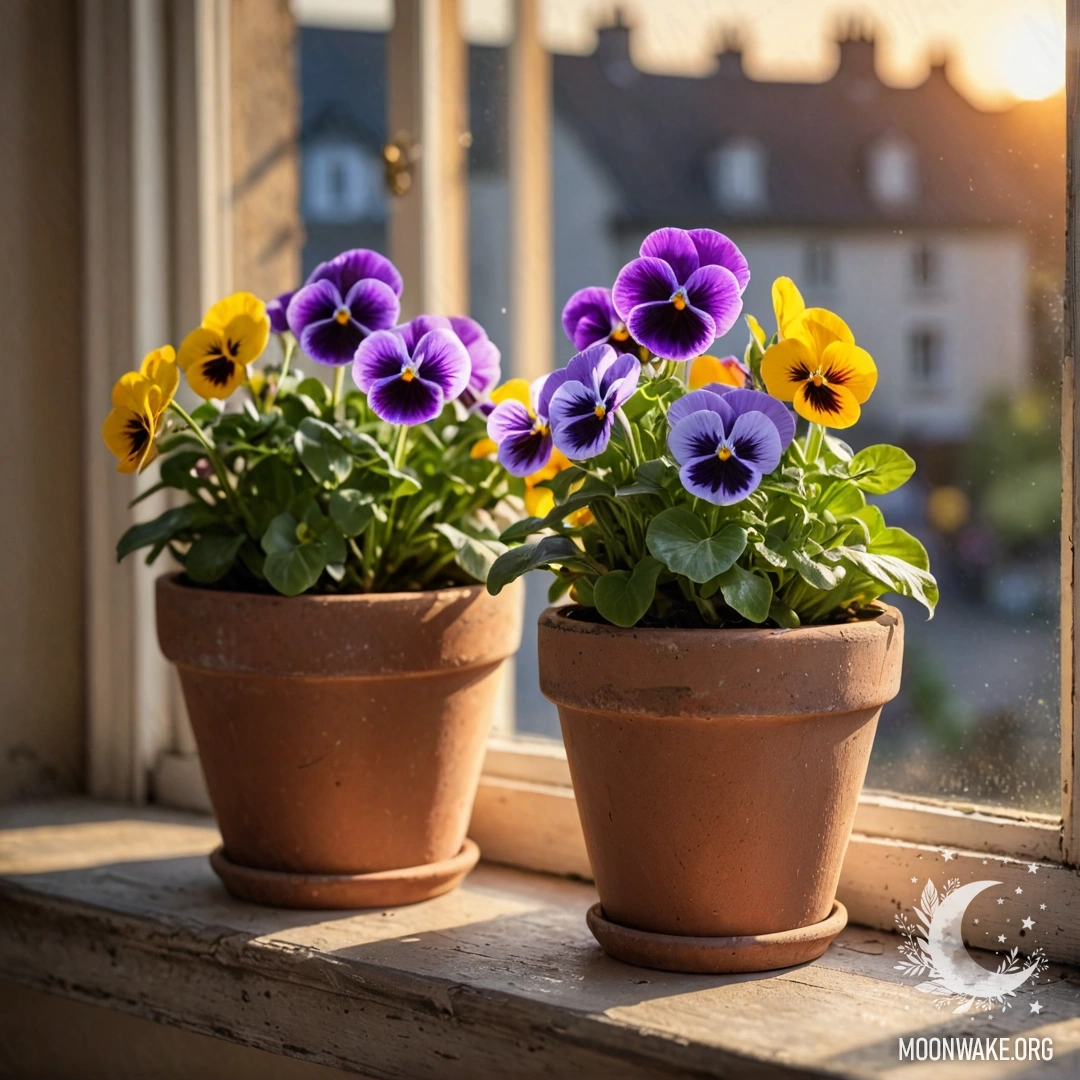 Sweet vintage flowerpots with pansies on a shabby windowsill at sunset.