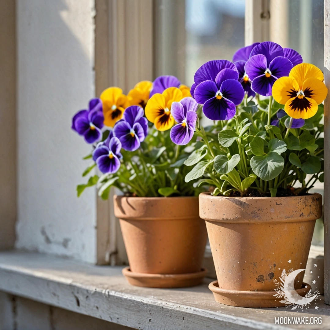 Abstract vintage flowerpots with pansies on a shabby windowsill during sunset.