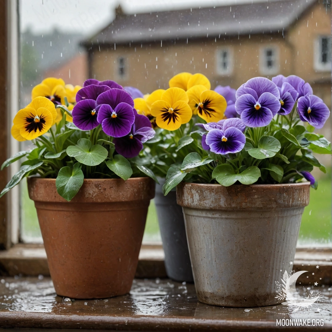 Colorful flowerpots with pansies sitting on a shabby windowsill under rain.