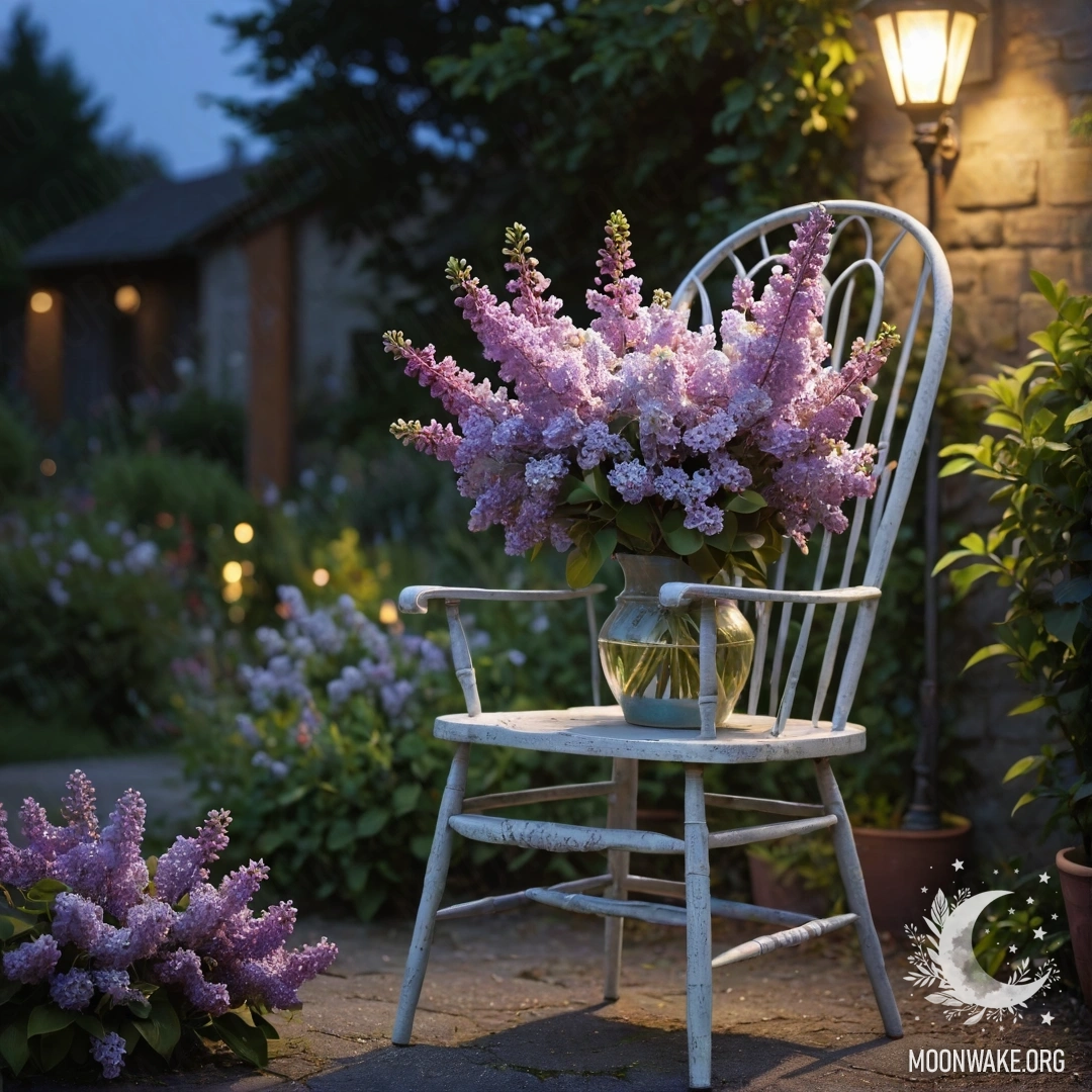 Vintage Garden Chair with Lilacs at Night A vintage shabby chair in a garden at night, adorned with a vase of lilacs.