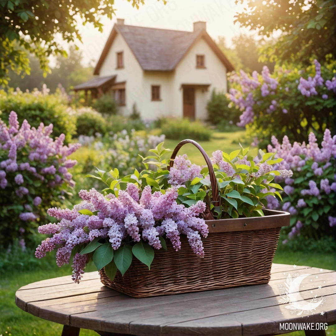 Vintage Garden Scene with Lilacs A charming vintage wooden table with lilacs in a basket, set in a garden at sunset.