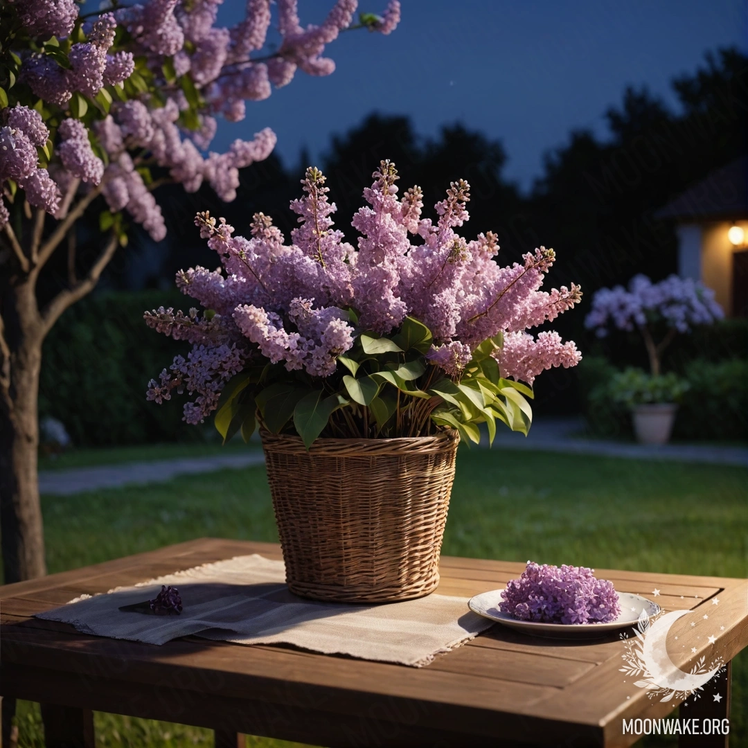 A minimalistic wooden table with a basket of lilacs in a garden at night.