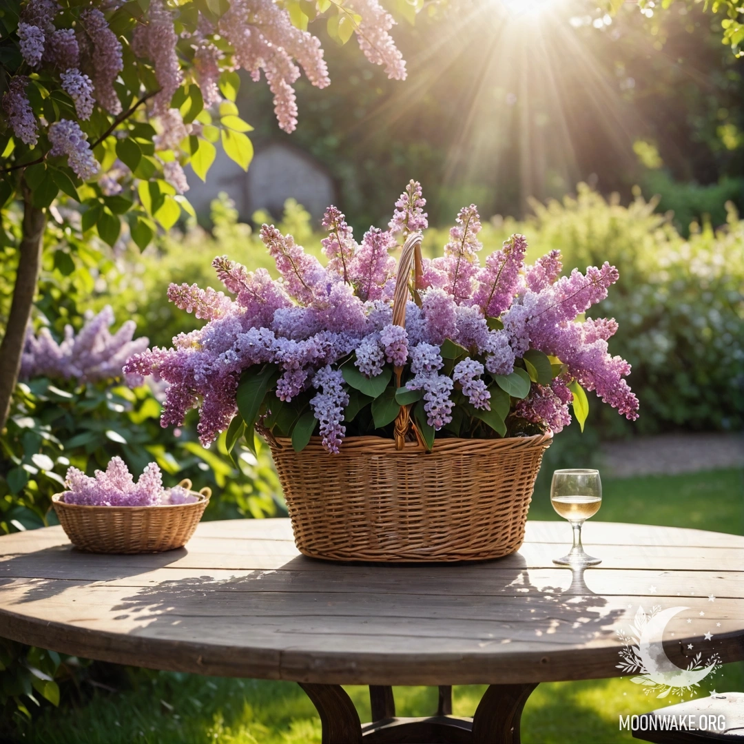 Vintage Garden Table with Lilacs A vintage wooden table with a basket of lilacs in a garden illuminated by sun rays.