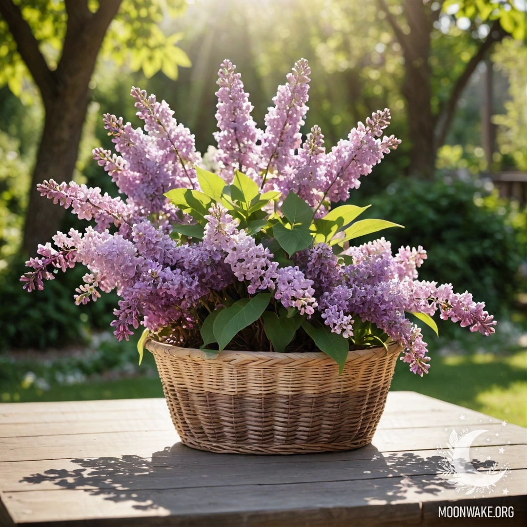 Vintage Garden Table with Lilacs A vintage wooden table with a basket of lilacs in a garden, sunlight filtering through the greenery.