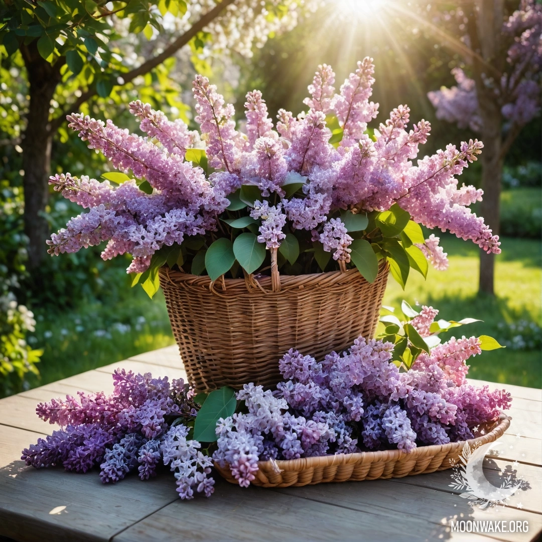 A vintage wooden table with a basket of lilacs in a sunlit garden.