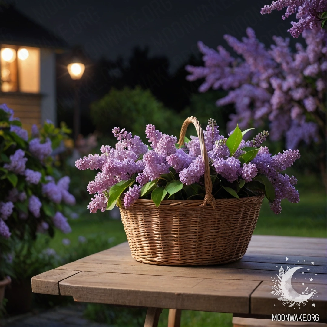 Vintage Garden Table with Lilacs A wooden table with a basket of lilacs in a serene garden at night.