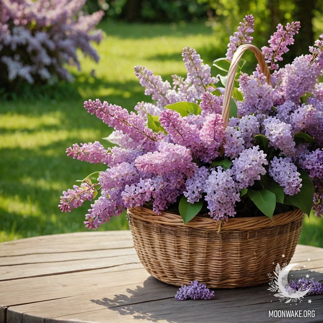 Vintage Garden Table with Lilacs A vintage wooden table placed in a garden, accompanied by a basket filled with lilacs, surrounded by lush greenery.