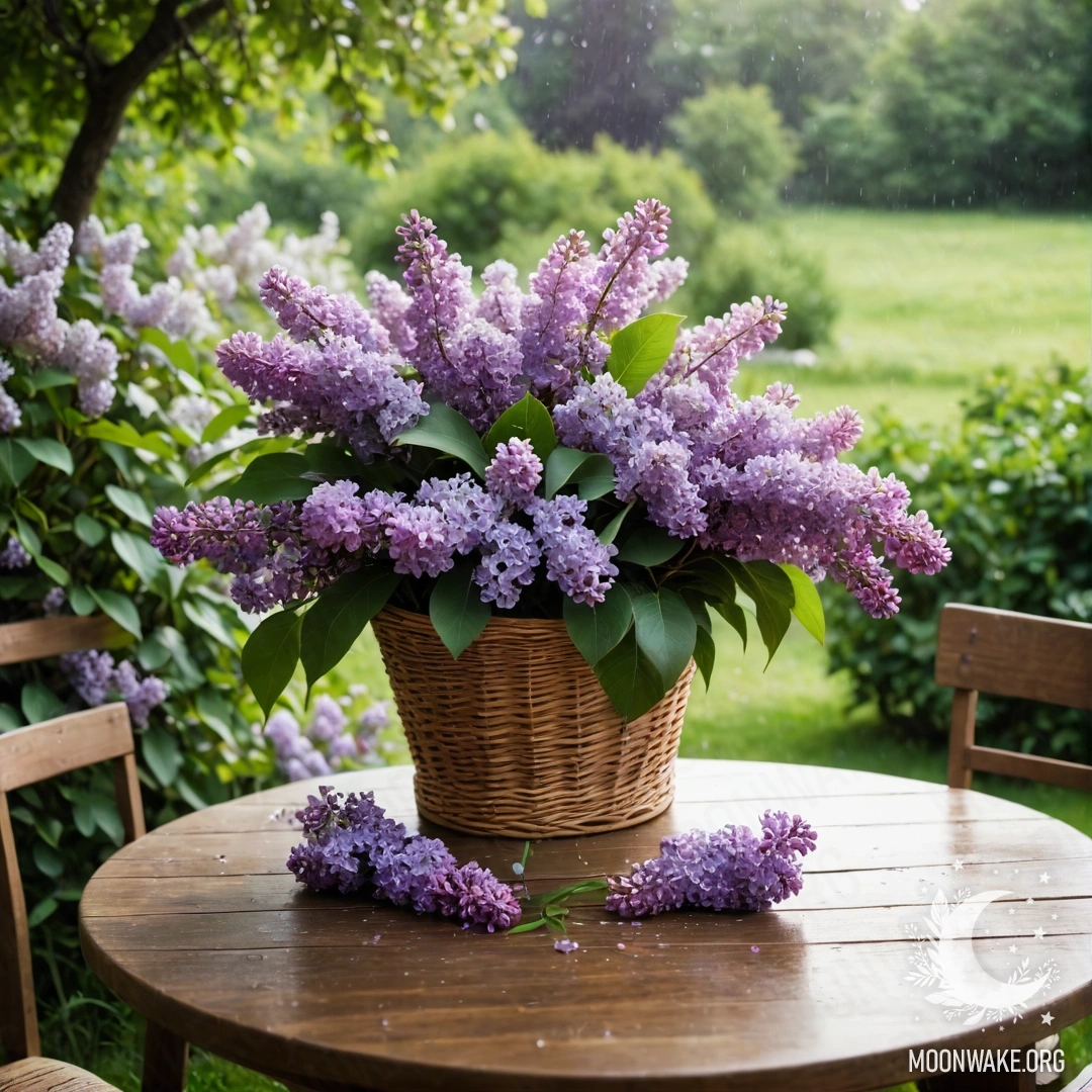A vintage wooden table with a basket of lilacs in a garden under the rain.