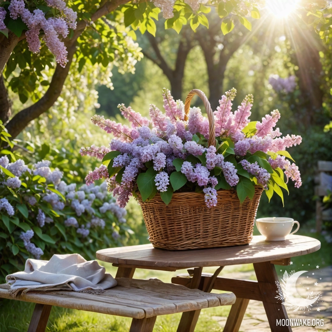 A vintage wooden table surrounded by a garden and lilac flowers in a basket, illuminated by sun rays.