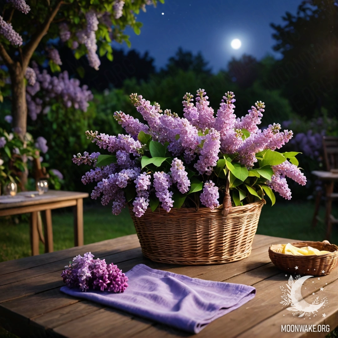 A vintage wooden table with a basket of lilacs in a garden at night.