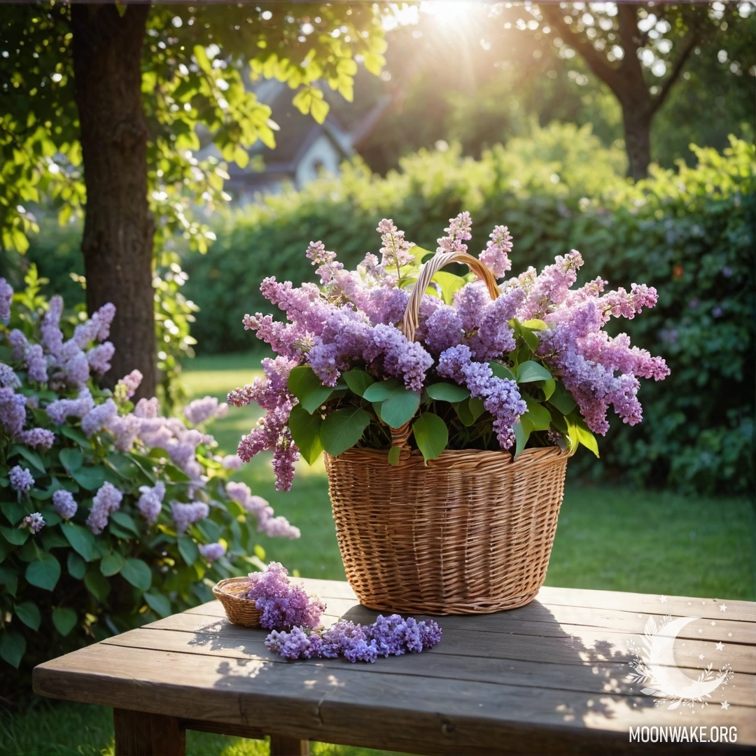 A minimalist wooden table in a garden adorned with lilacs and garland lights.