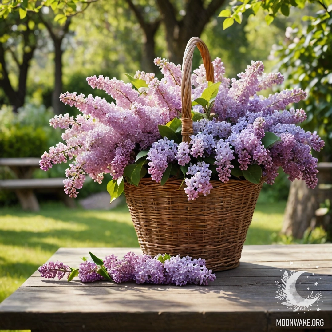 A vintage wooden table in a garden setting with a basket of lilacs.