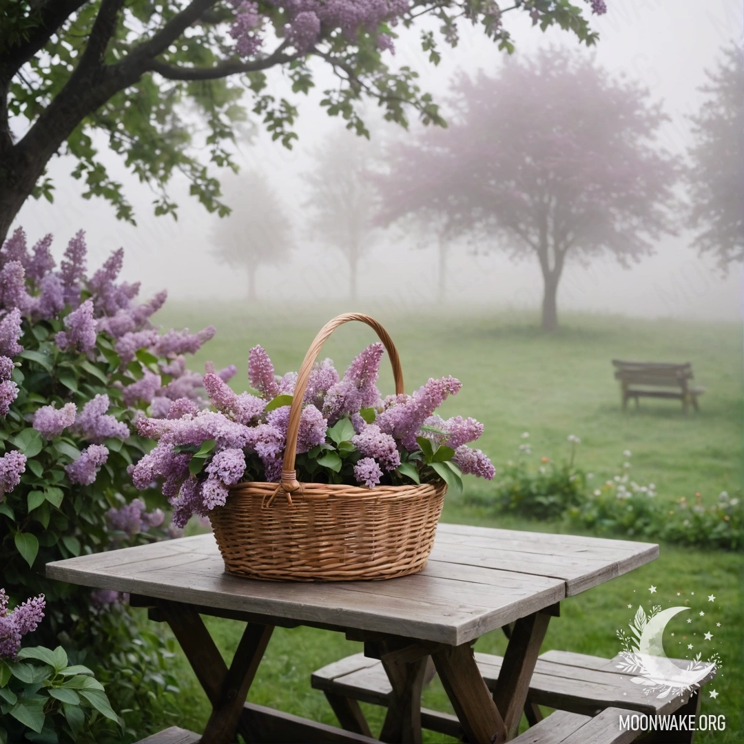 Vintage Garden Table with Lilacs in Misty Atmosphere A vintage wooden table with a basket of lilacs in a garden shrouded in dense fog.