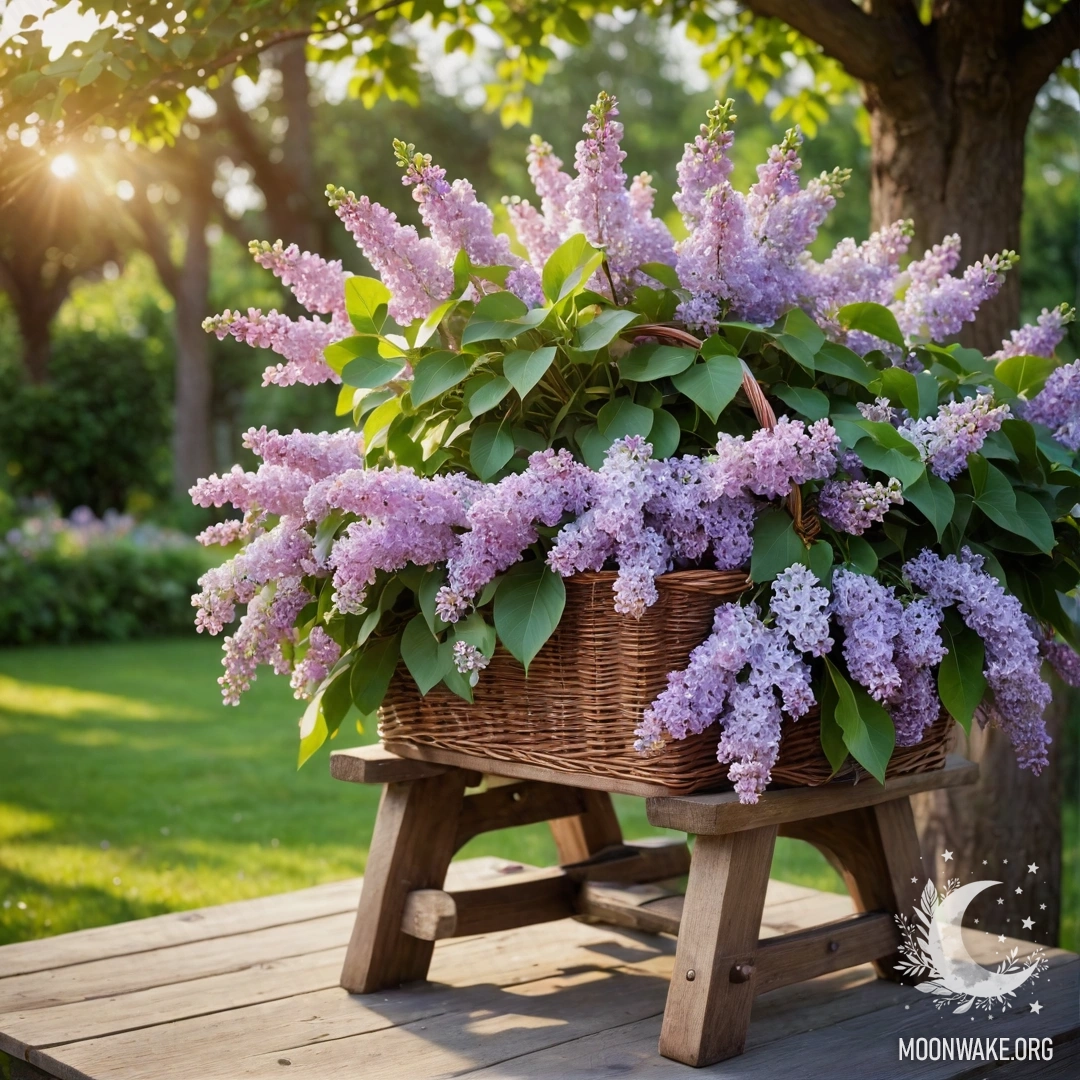 A vintage wooden table adorned with a basket of lilacs in a garden setting with soft garland lights.