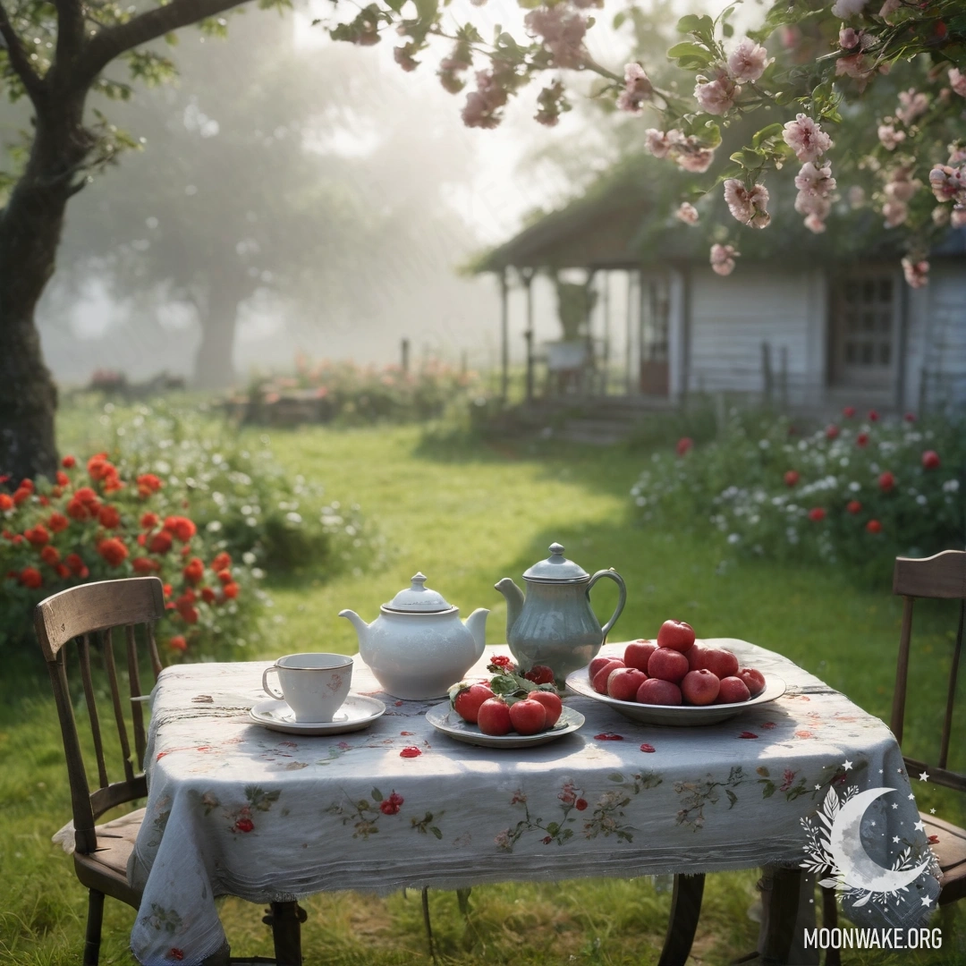 A shabby vintage table with cups, a teapot, berries, and flowers under a blossoming apple tree in dense fog.