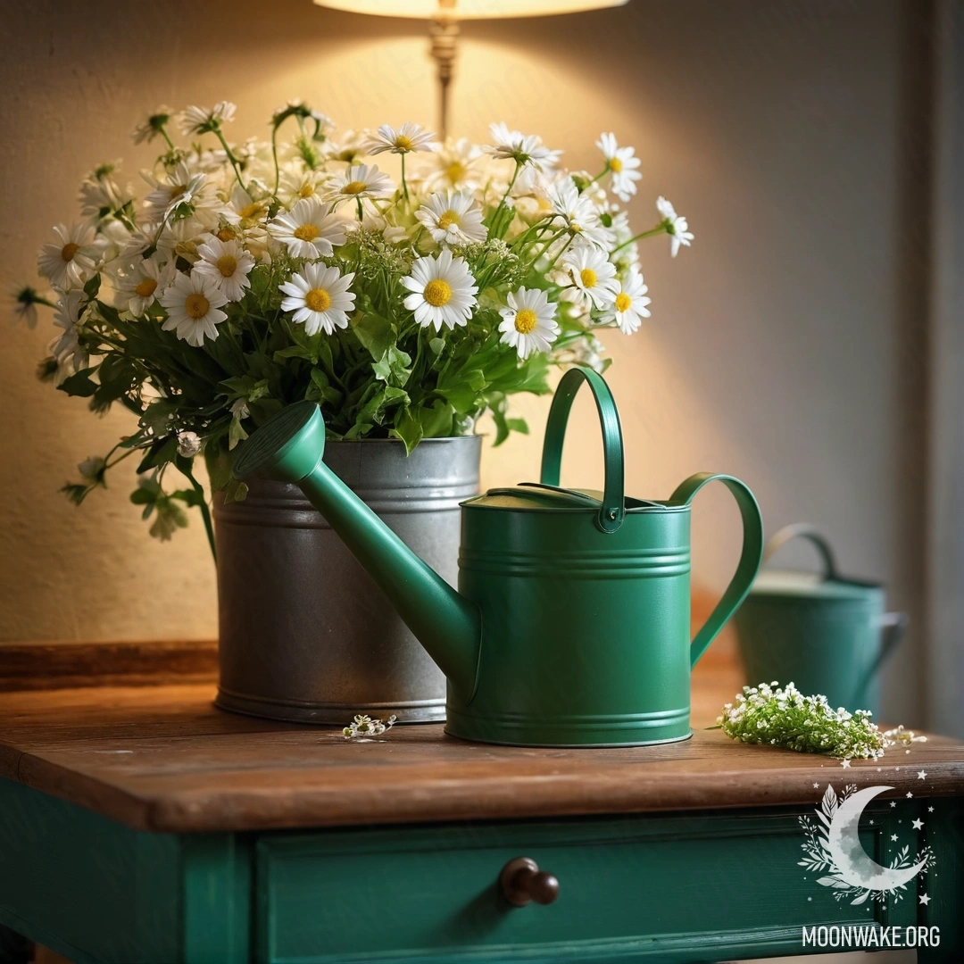 A vintage green watering can adorned with daisies on a nightstand with garland lights.