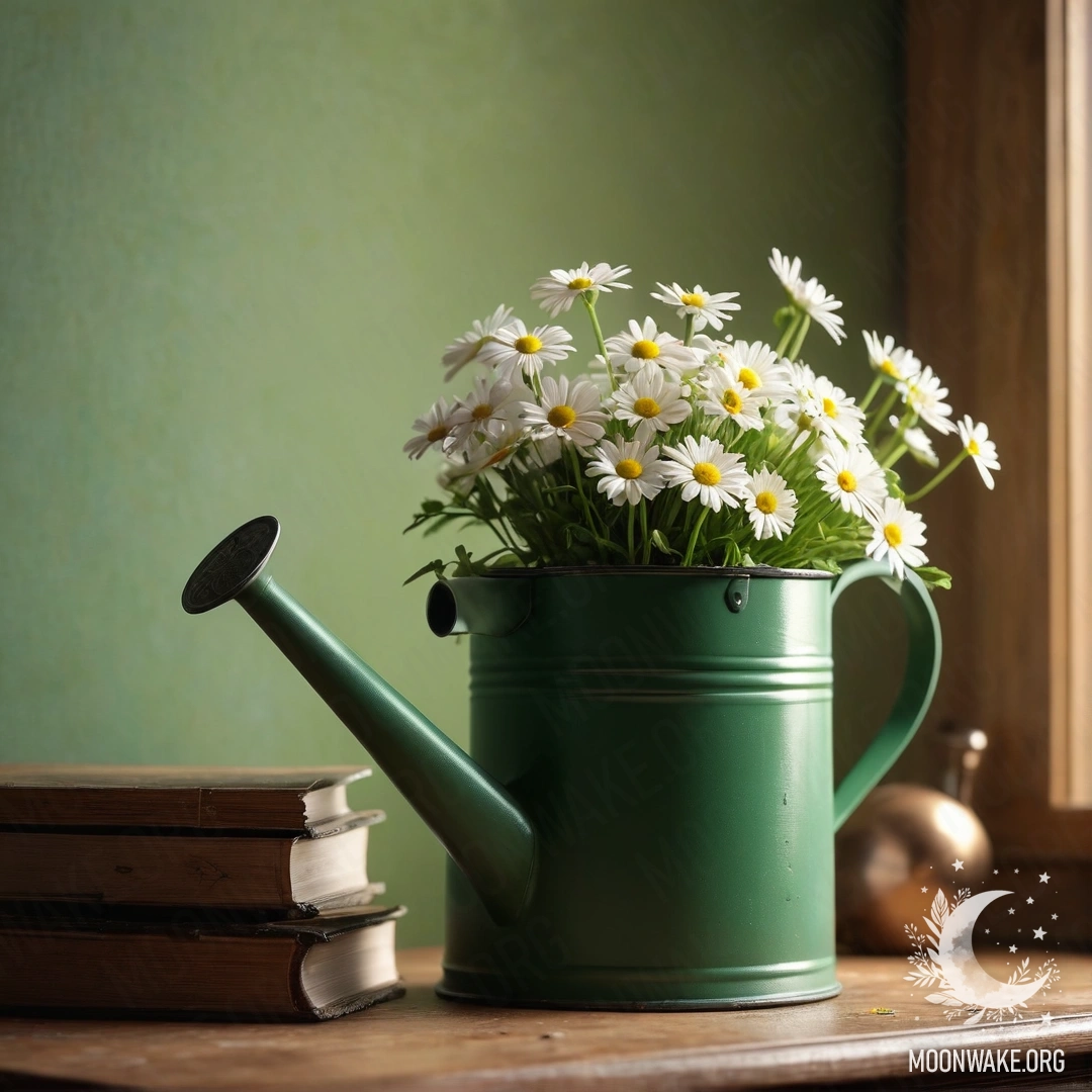 A vintage green watering can adorned with fresh daisies, placed on a minimalist nightstand.