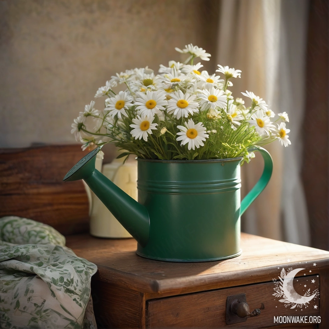 A vintage green watering can filled with daisies resting on a nightstand, illuminated by soft sun rays.