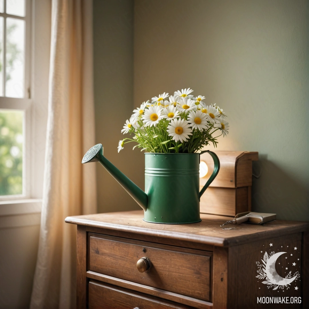 Charming Vintage Watering Can with Daisies A vintage green watering can filled with daisies on a nightstand with garland lights.