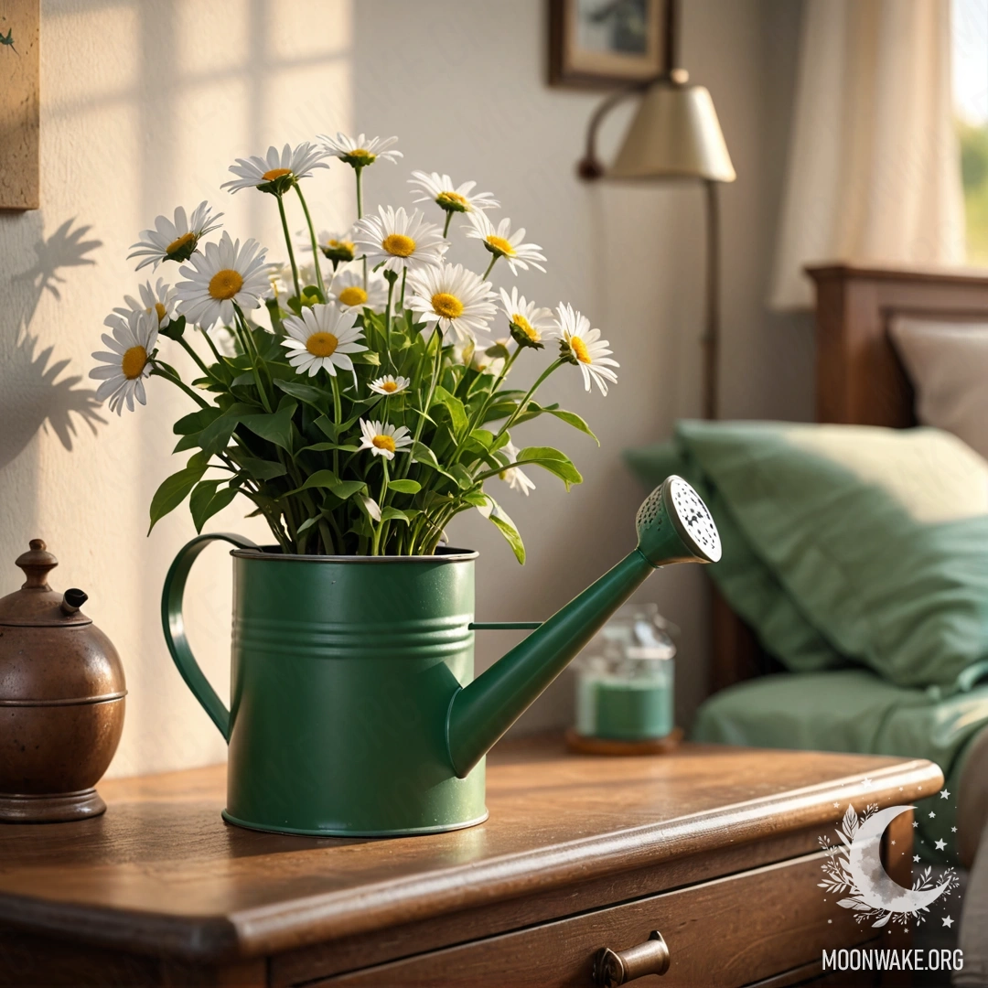 A vintage green watering can holding fresh daisies, set on a nightstand during sunset.