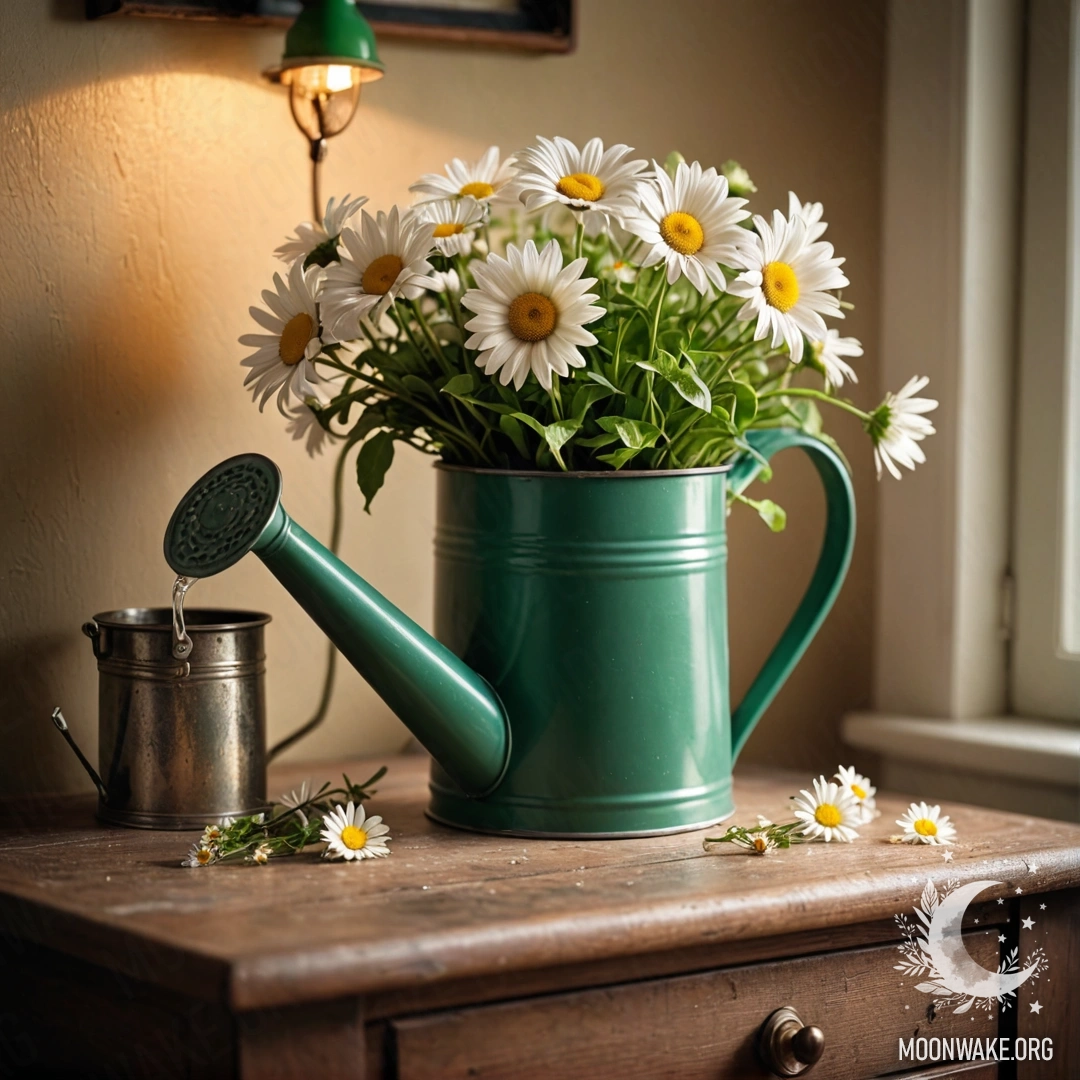 Vintage Green Watering Can with Daisies A vintage green watering can adorned with fresh daisies, placed on a nightstand illuminated by a soft garland light.