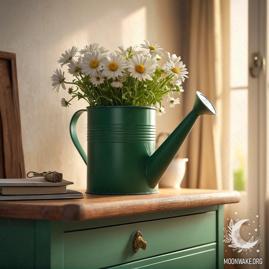 A vintage green watering can with daisies on a nightstand during sunset.