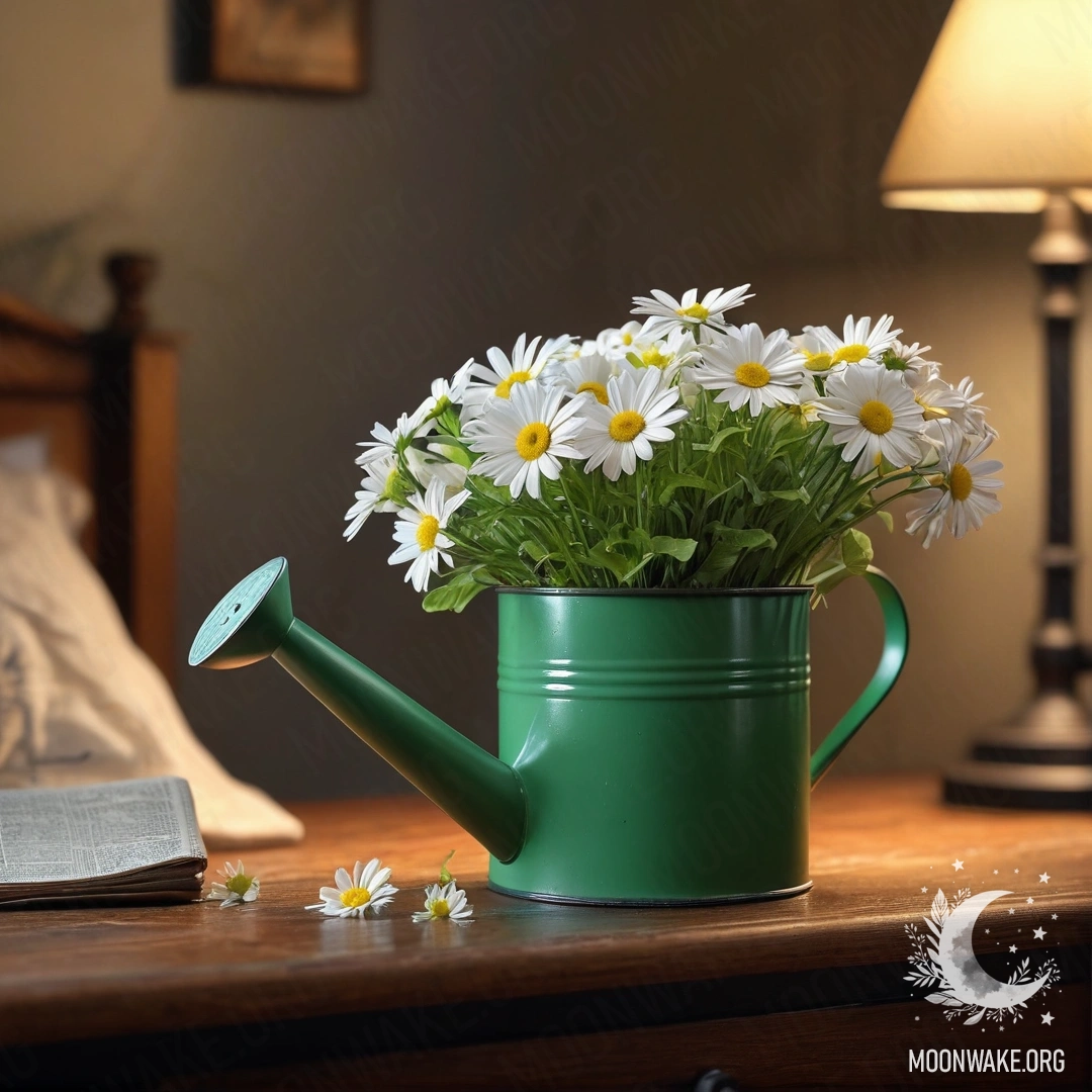 Vintage Green Watering Can with Daisies at Night A vintage green watering can adorned with daisies on a nightstand, illuminated softly in the evening light.
