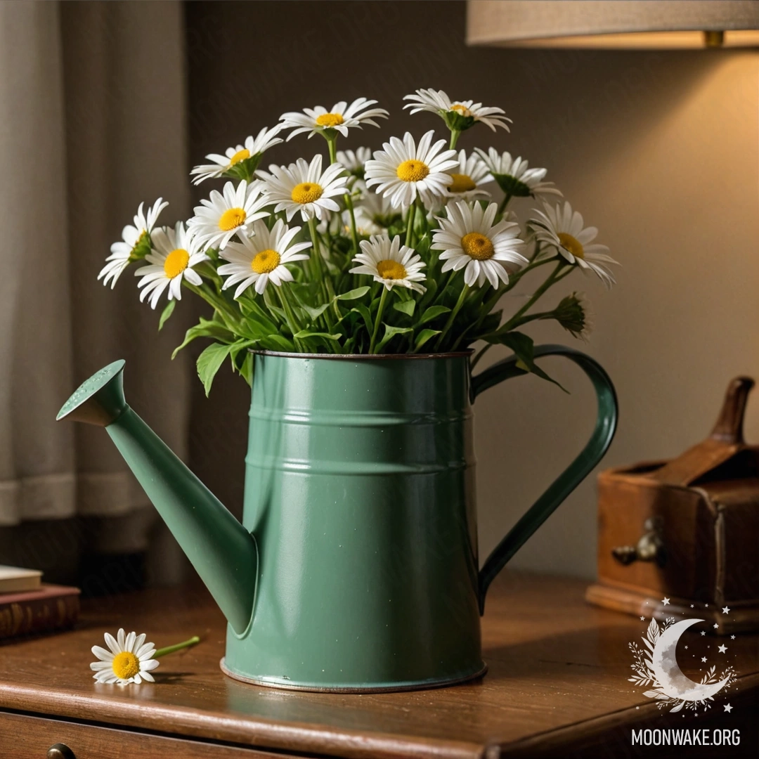A vintage green watering can filled with daisies sits on a nightstand.