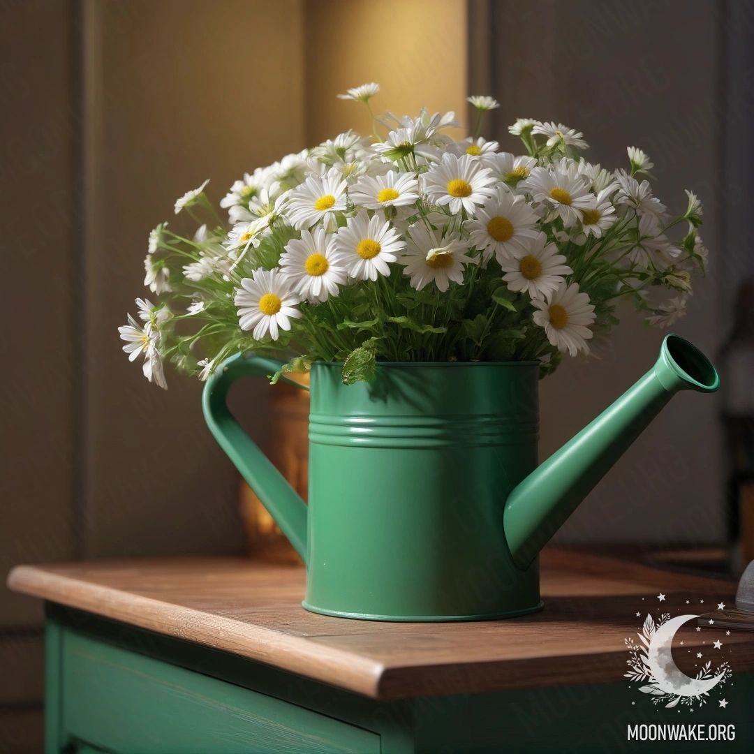 A vintage green watering can with daisies placed on a nightstand at night.