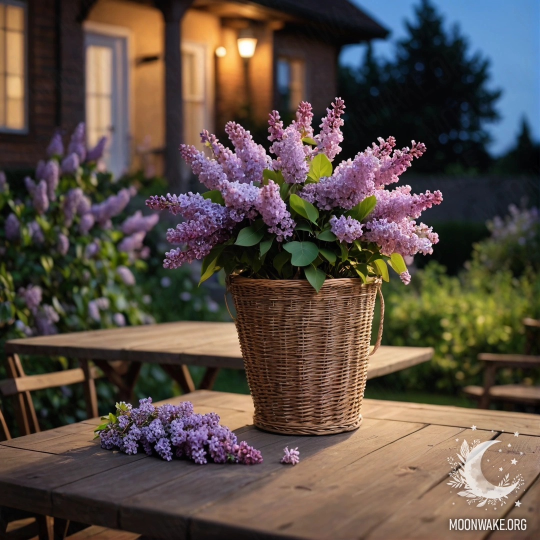 A vintage wooden table with a basket of lilacs in a garden at night.