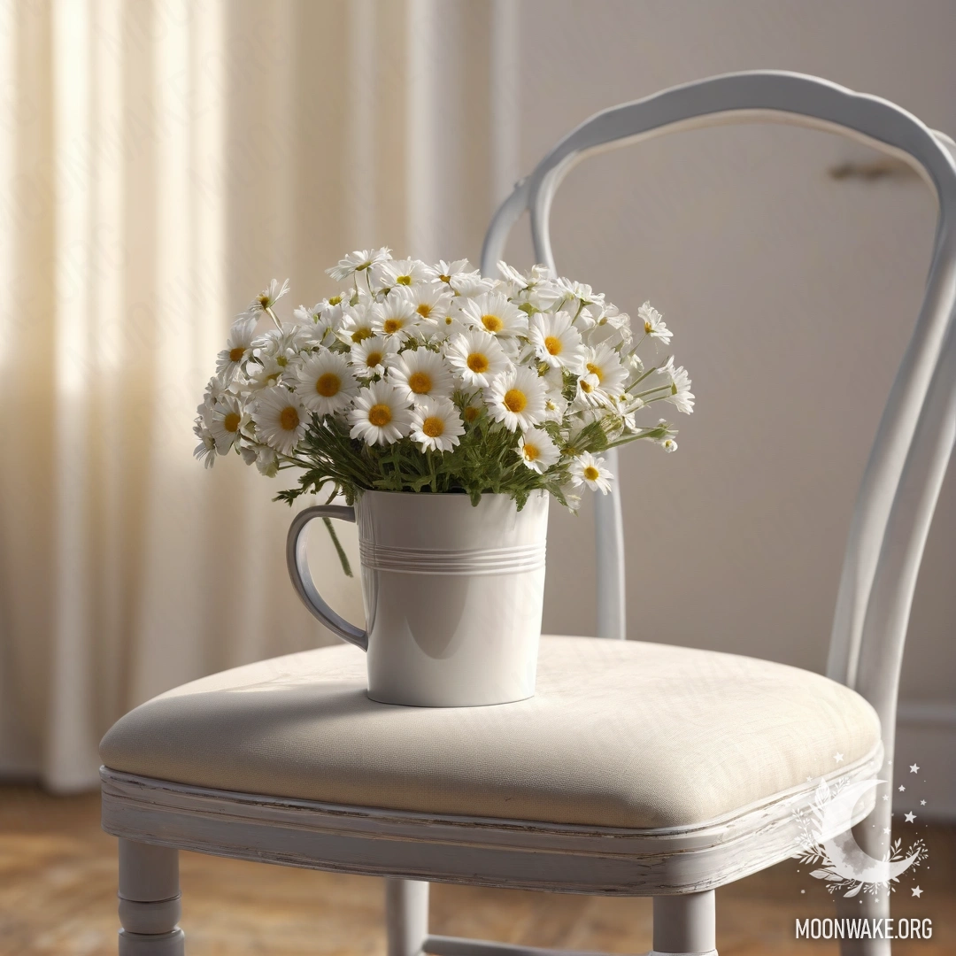 A vintage chair draped in translucent white fabric, accompanied by a cup of coffee and a milk bucket filled with daisies, all illuminated by gentle sunlight.