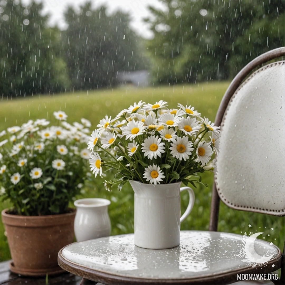 Vintage Minimalist Chair with Rainy Daisies A close-up of a shabby vintage chair draped with translucent fabric, accompanied by a cup of coffee and a bucket of daisies under the rain.