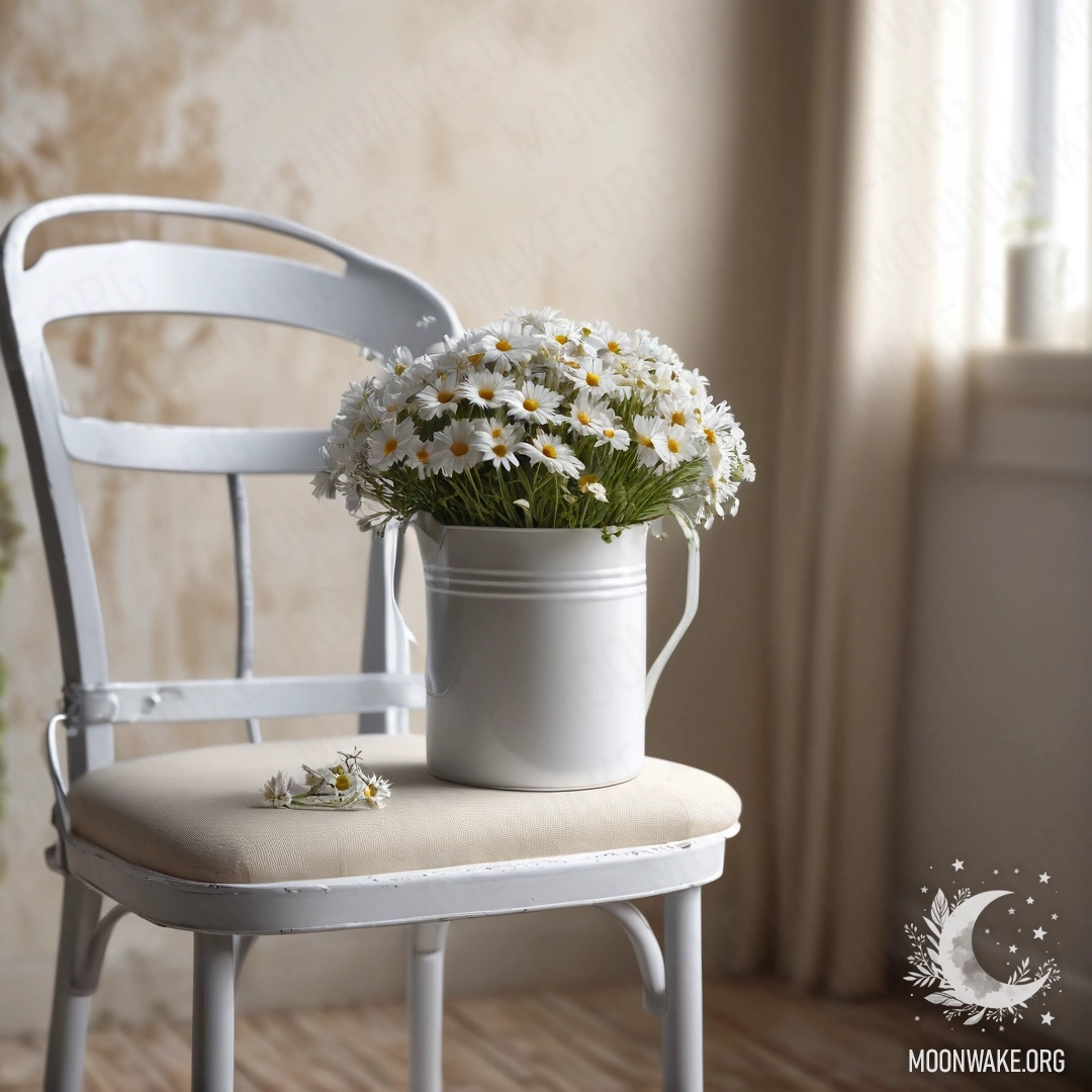 A close-up view of a shabby vintage chair with white translucent fabric, a cup of coffee beside a white milk bucket filled with daisies and illuminated by garland lights.