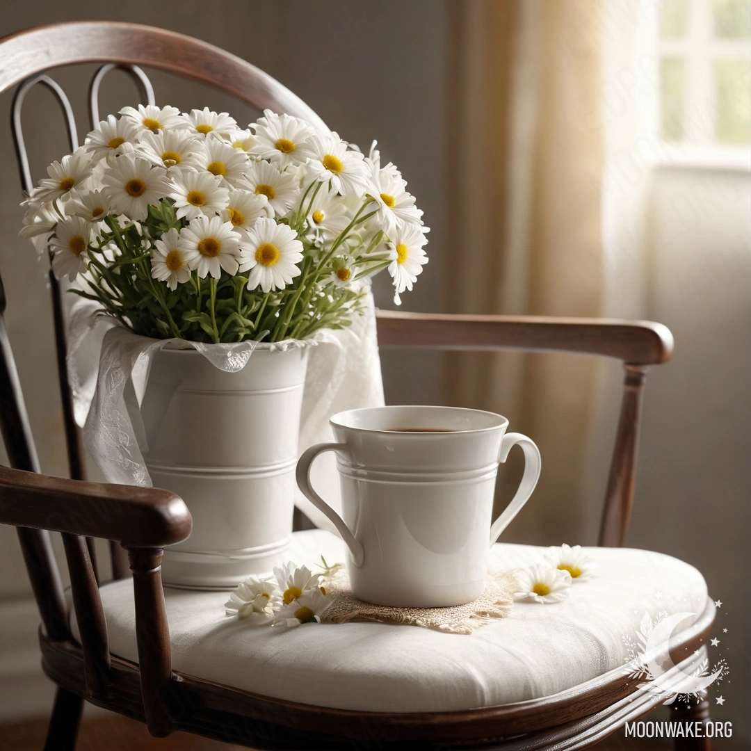 Vintage Romantic Chair with Coffee and Daisies Close-up of a vintage chair draped with translucent fabric, a cup of coffee, and a milk bucket with daisies.