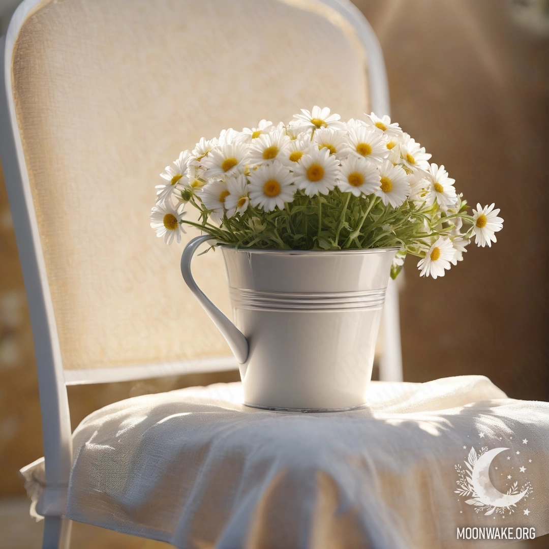 Vintage Romantic Chair with Daisies A close-up of a vintage chair draped with white fabric, a cup of coffee, and a milk bucket with daisies illuminated by sun rays.