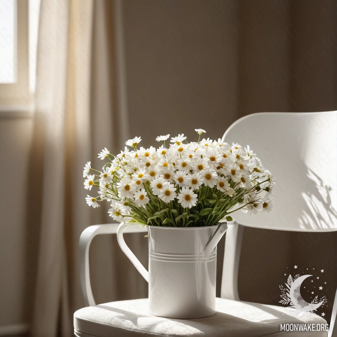 Vintage Shabby Chair with Daisies and Coffee A close-up of a shabby vintage chair with a translucent white fabric, a cup of coffee, and a white milk bucket with daisies, illuminated by sun rays.