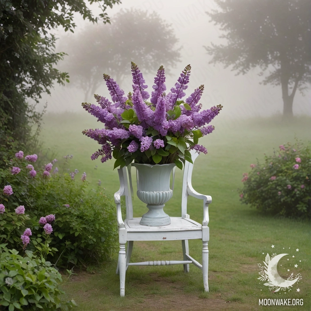 A vintage shabby chair in a garden with a vase of lilacs on it, enveloped in thick fog.