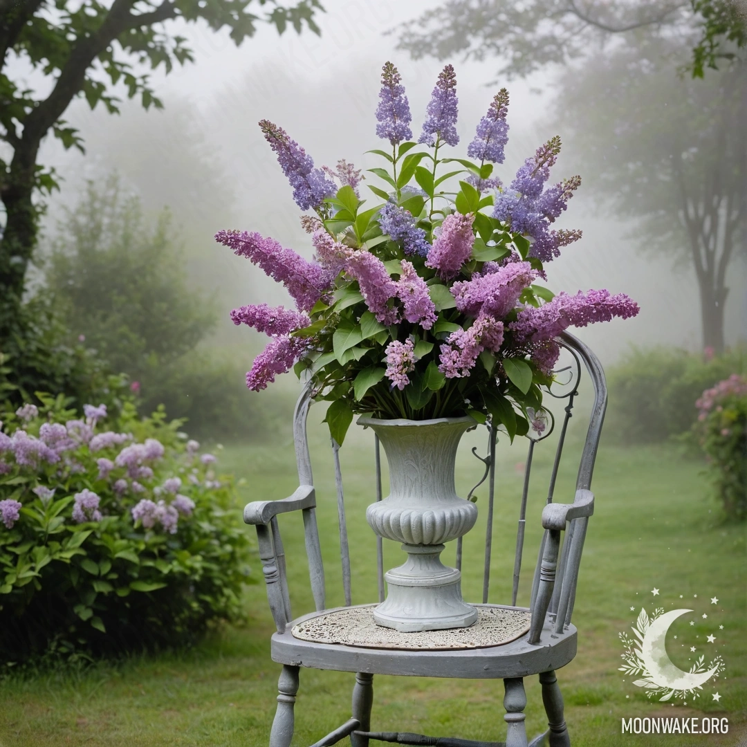 A vintage shabby chair in a foggy garden, with a vase of lilacs on it.