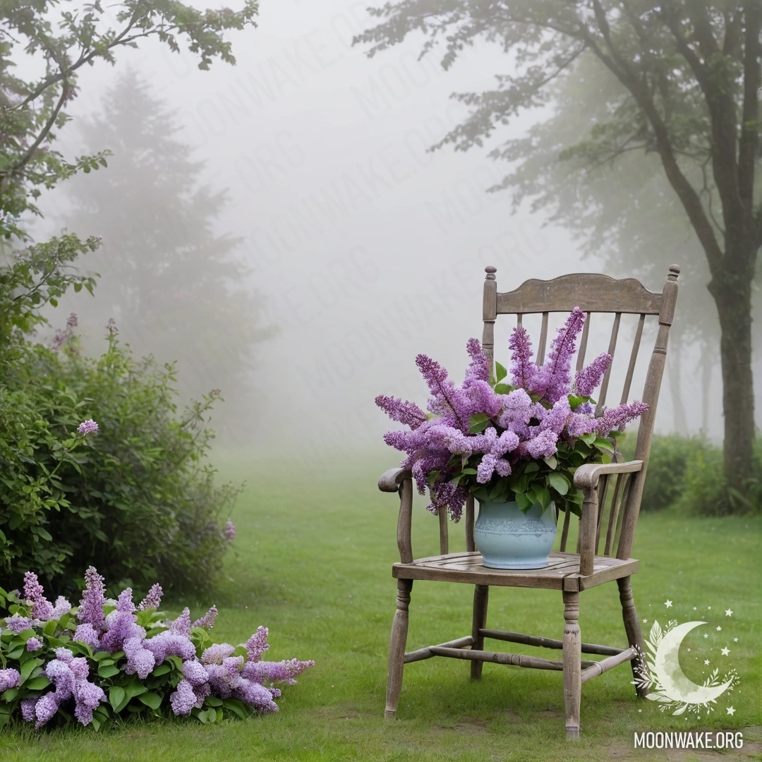 Vintage Shabby Chair with Lilac Bouquet in Misty Garden A vintage shabby chair in a garden surrounded by dense fog, with a vase of lilacs placed on it.