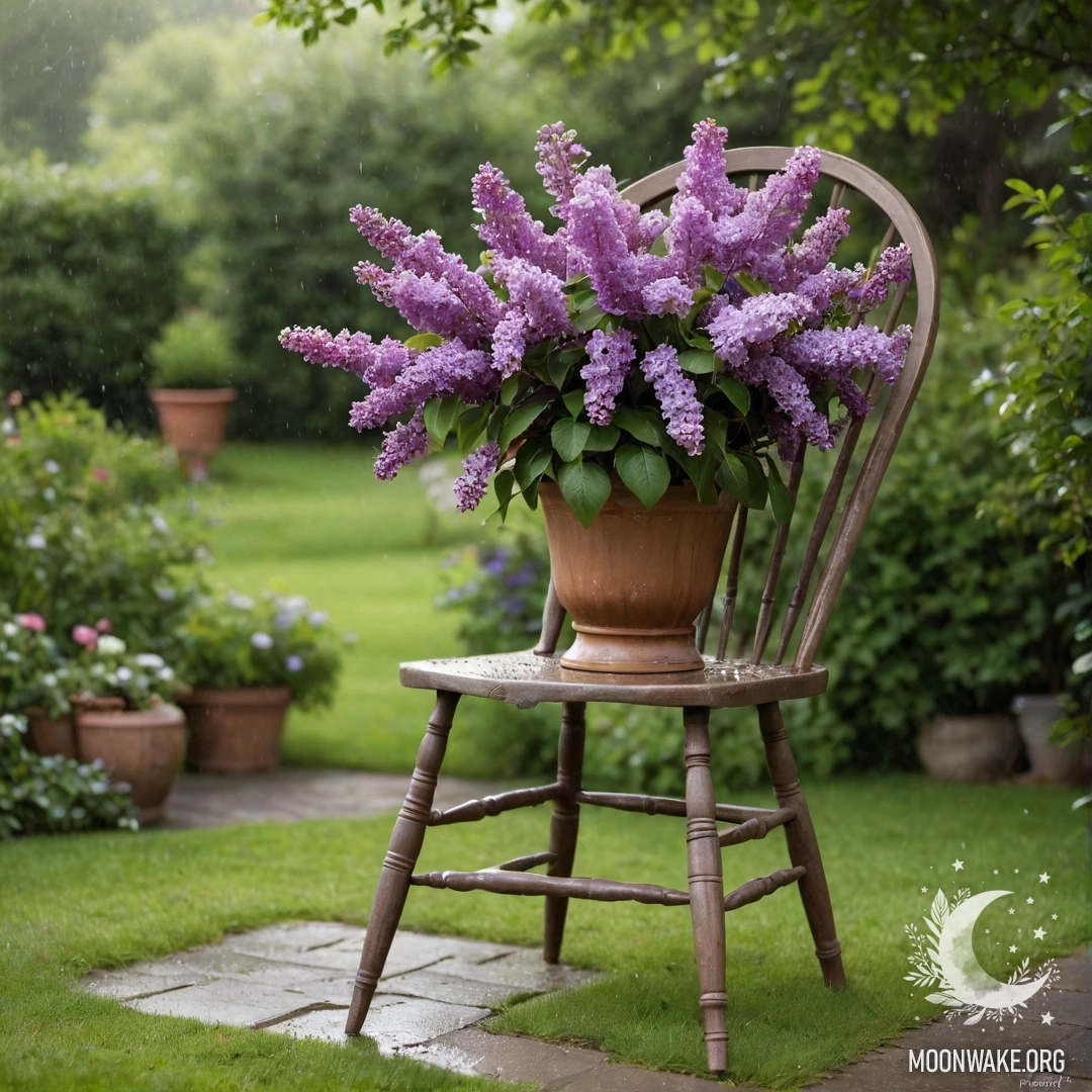 A vintage shabby chair standing in a garden with a lilac bouquet in a vase under the rain.