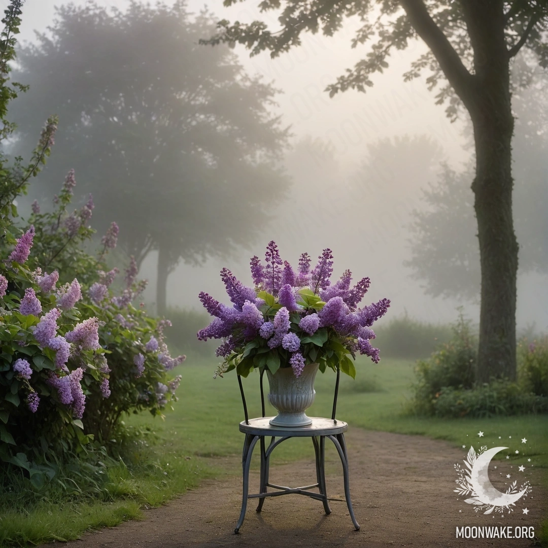A vintage shabby chair with a vase of lilacs placed on it in a dense mist.