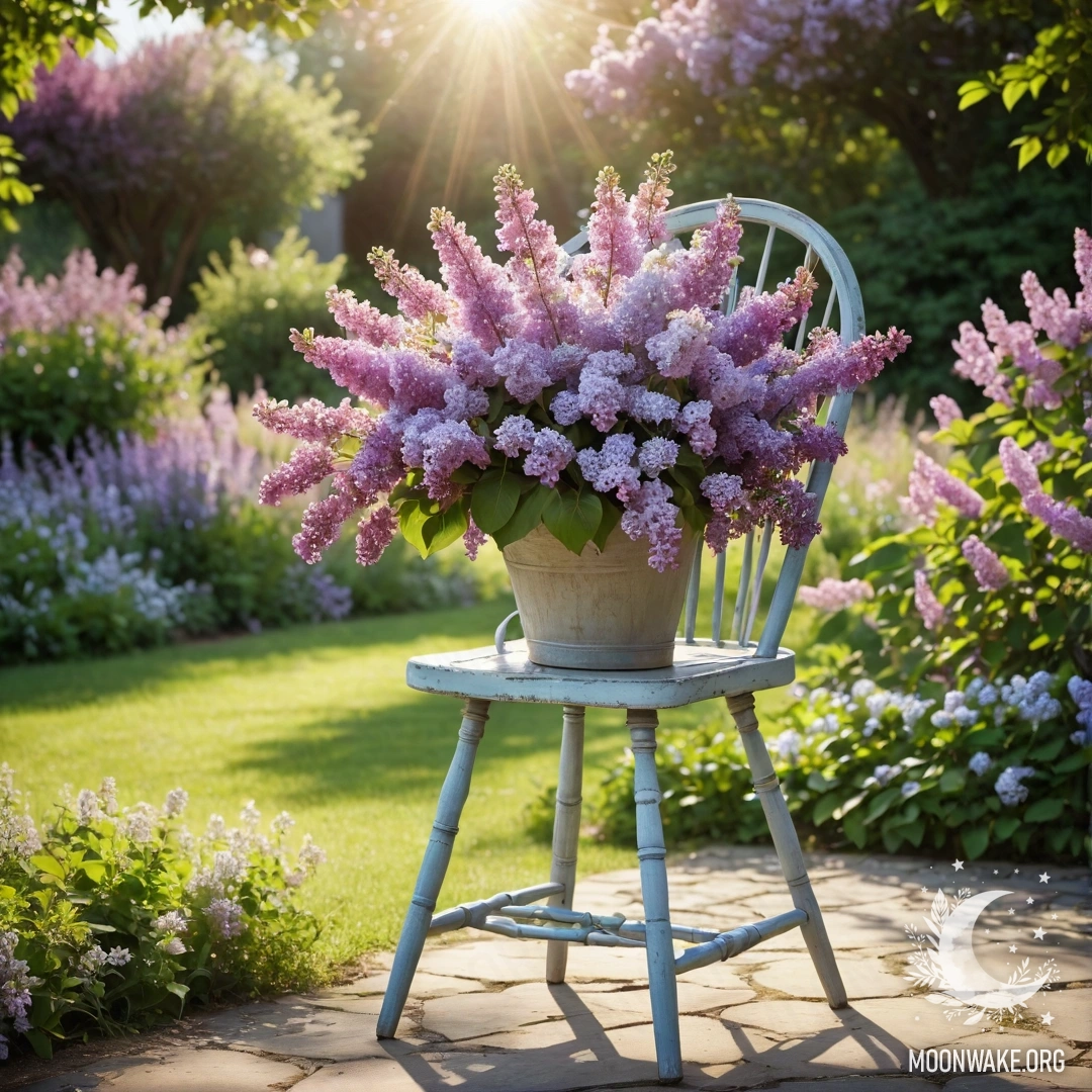 Vintage Shabby Chair in a Romantic Garden A vintage shabby chair with a vase of lilacs bathed in sunlight.