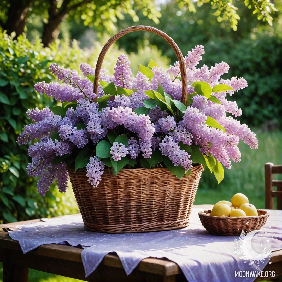 Vintage Table with Lilacs in Garden A vintage wooden table with a basket of lilacs in a lush garden.